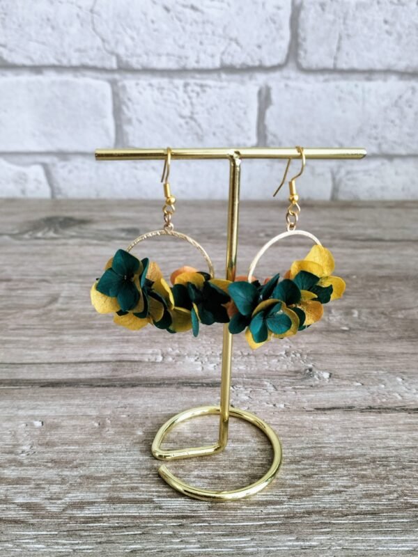 boucle d'oreille fleurs séchées vert / jaune