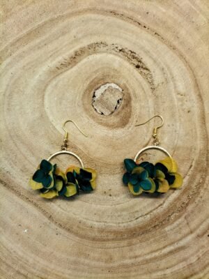 boucle d'oreille fleurs séchées vert / jaune
