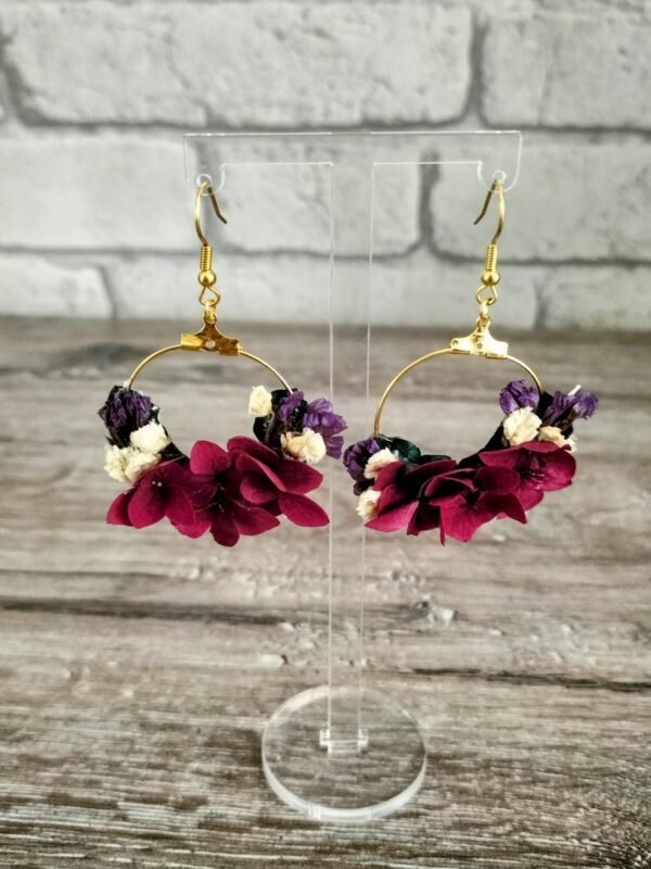 boucle d'oreille fleurs séchées fuchsia