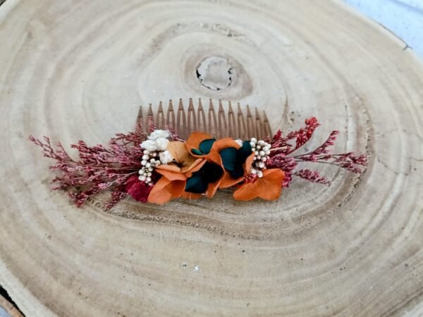 peigne  fleurs séchées terracotta / vert / blanc