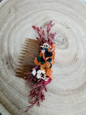 peigne  fleurs séchées terracotta / vert / blanc