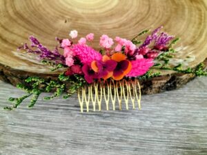 Peigne fleurs séchées camaïeu rose /fuchsia